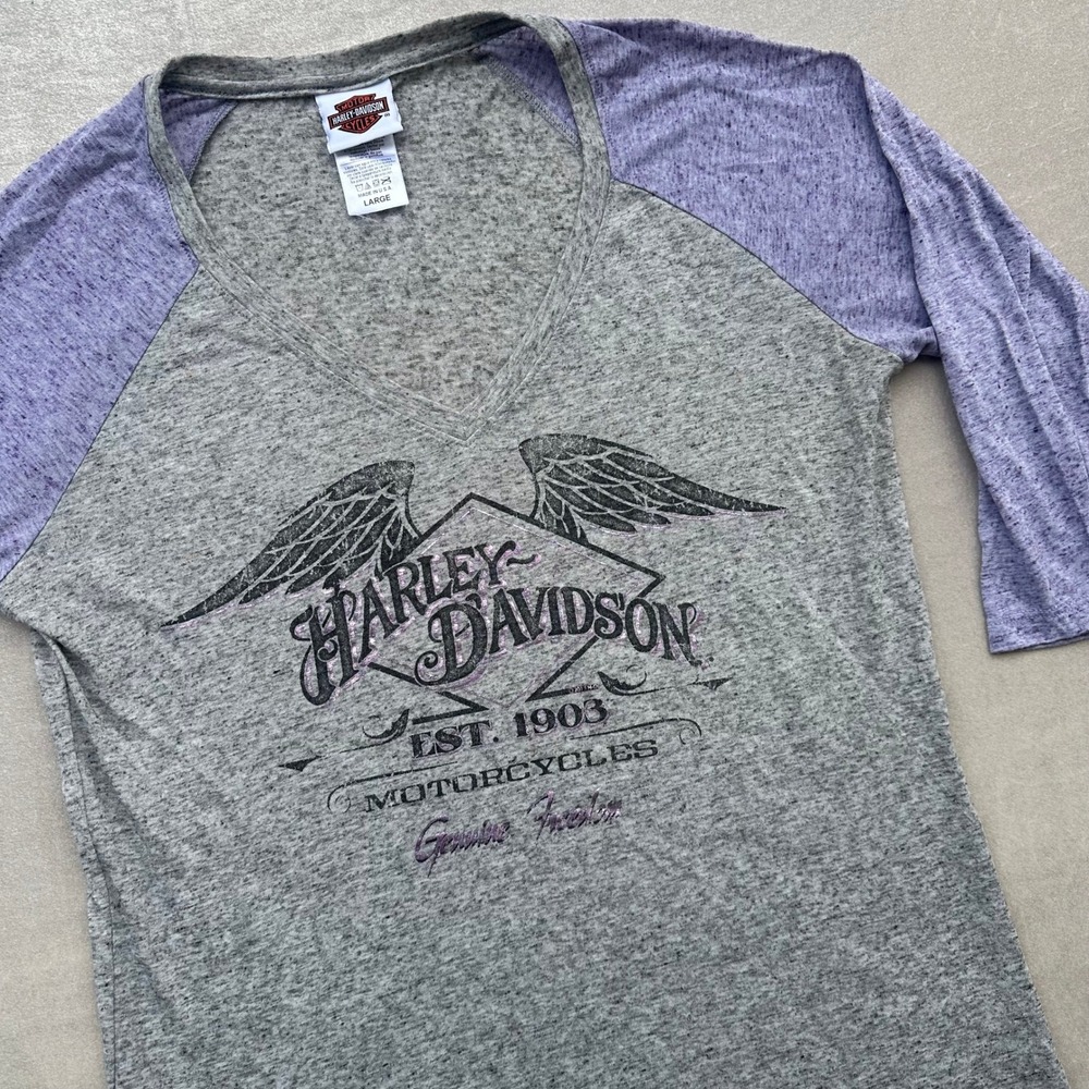 Harley-Davidson Women's Large 3/4 Sleeve T Shirt Gray Purple Smoky Mountain TN